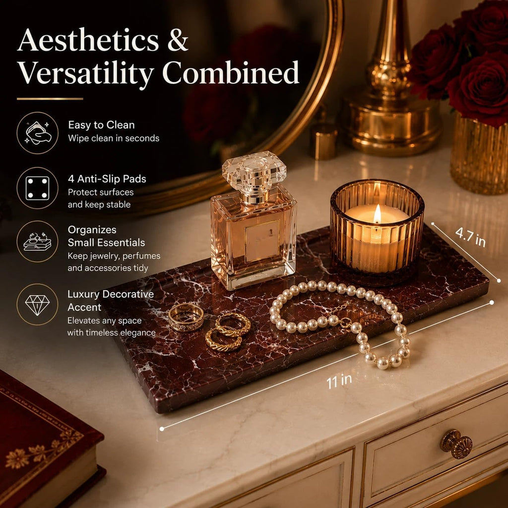 Marble Decorative Tray for Home Decor, Red Vanity Tray for Bathroom Countertop, Small Perfume Tray for Dresser, Luxury Stone Organizer for Jewelry, Candles & Skincare, 11 x 4.7 in