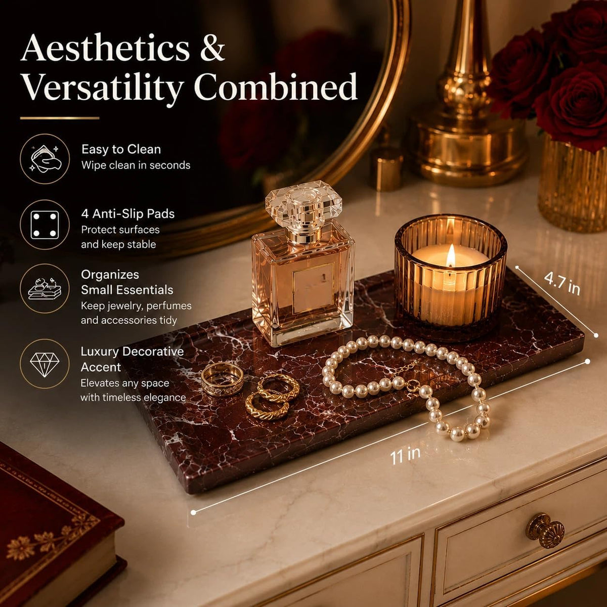 Marble Decorative Tray for Home Decor, Red Vanity Tray for Bathroom Countertop, Small Perfume Tray for Dresser, Luxury Stone Organizer for Jewelry, Candles & Skincare, 11 x 4.7 in