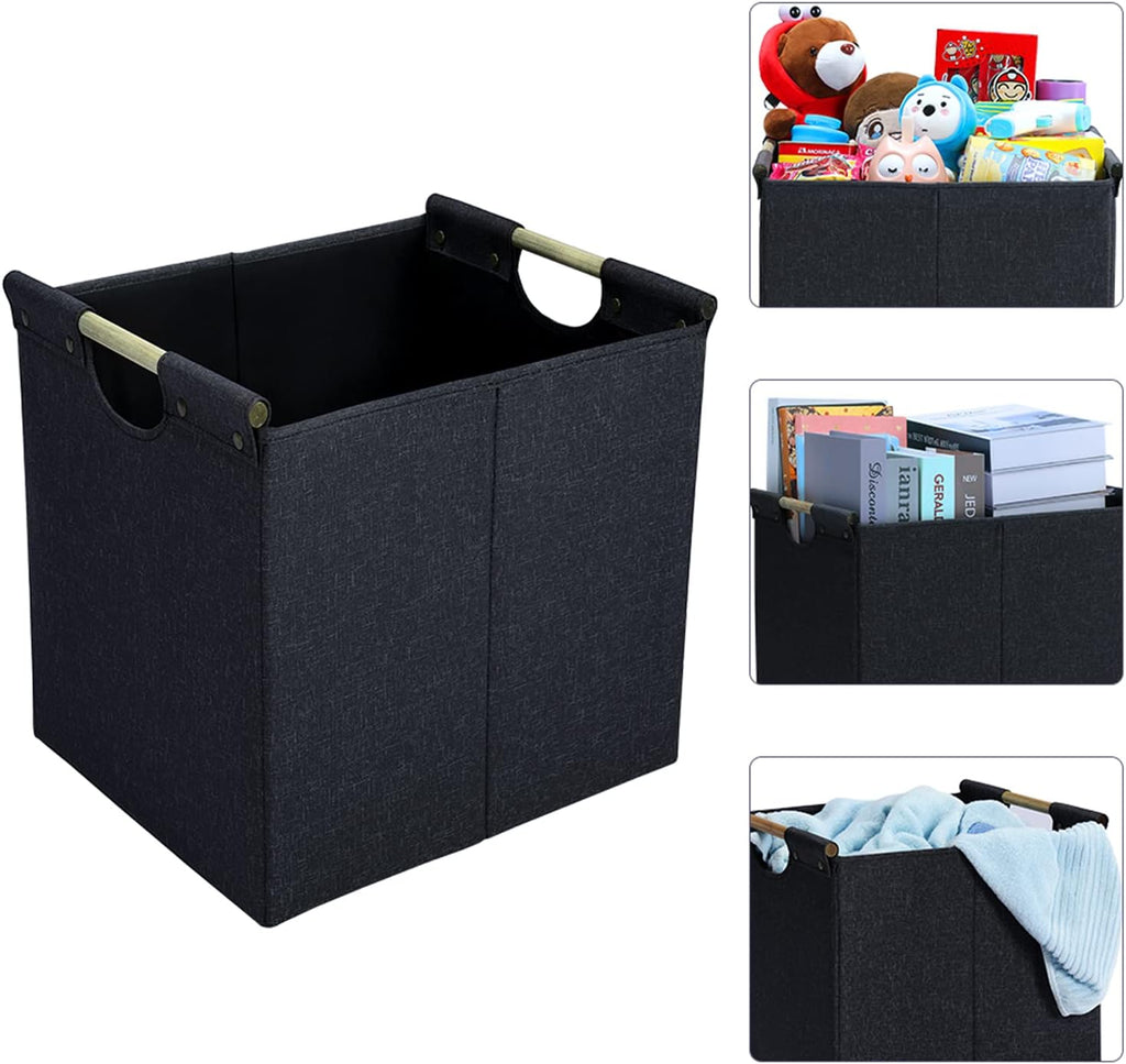 HOONEX Collapsible Storage Bins, 12x12x12in Storage Cubes Linen Fabric, 3 Pack, Storage Baskets with Wooden Carry Handles and Sturdy Heavy Cardboard, for Home, Office, Car, Nursery, Dark Grey