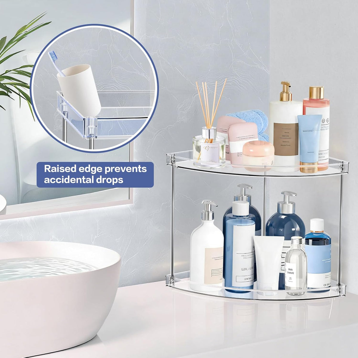 2 Tier Corner Bathroom Counter Organizer, Clear, Triangular