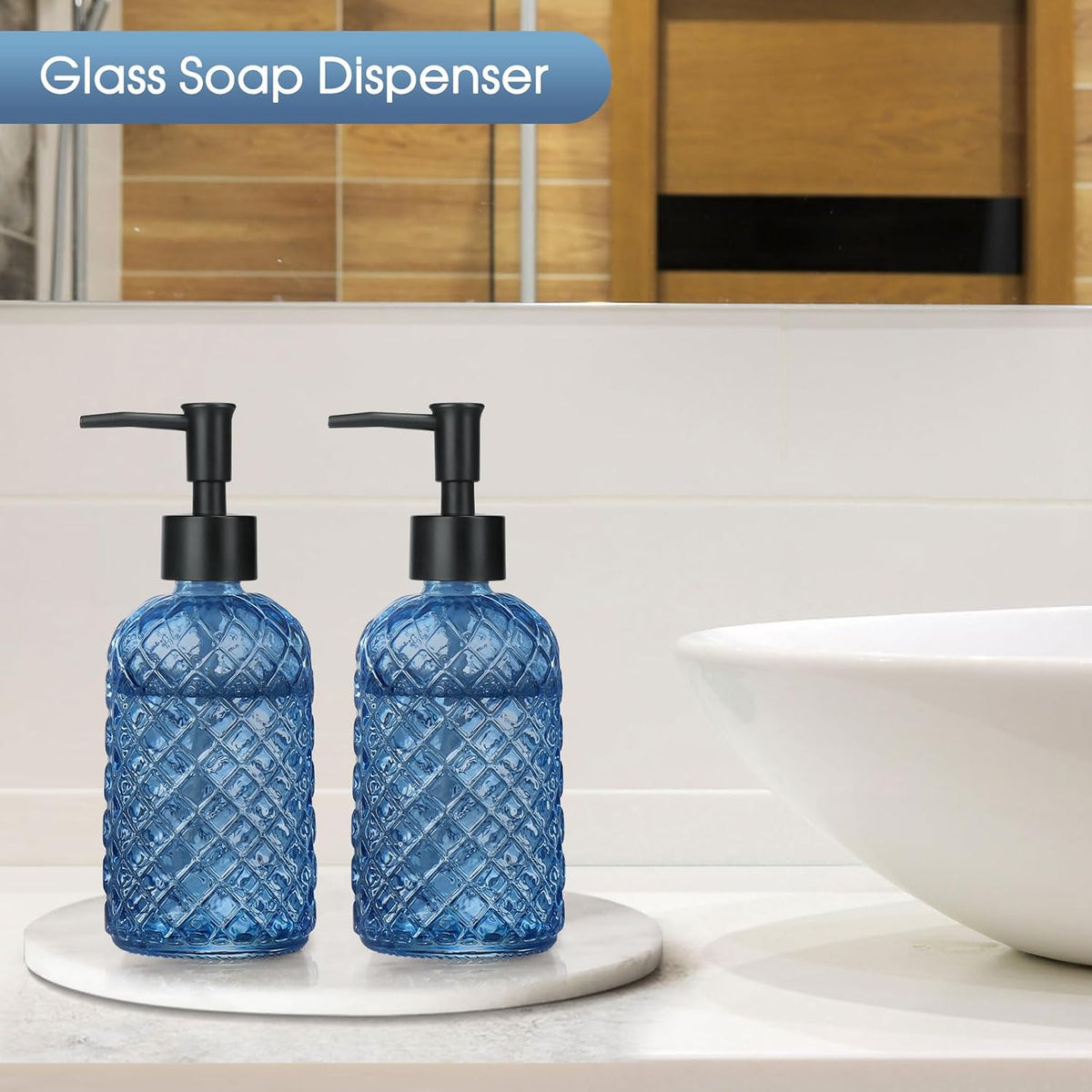 2 Pack Gem Glass Soap Dispenser with Black Plastic Pump, 13oz Liquid Hand Soap Dispenser, Rustproof Pump for Kitchen & Bathroom, Great for Lotions, Essential Oil, Liquid Soaps-Blue