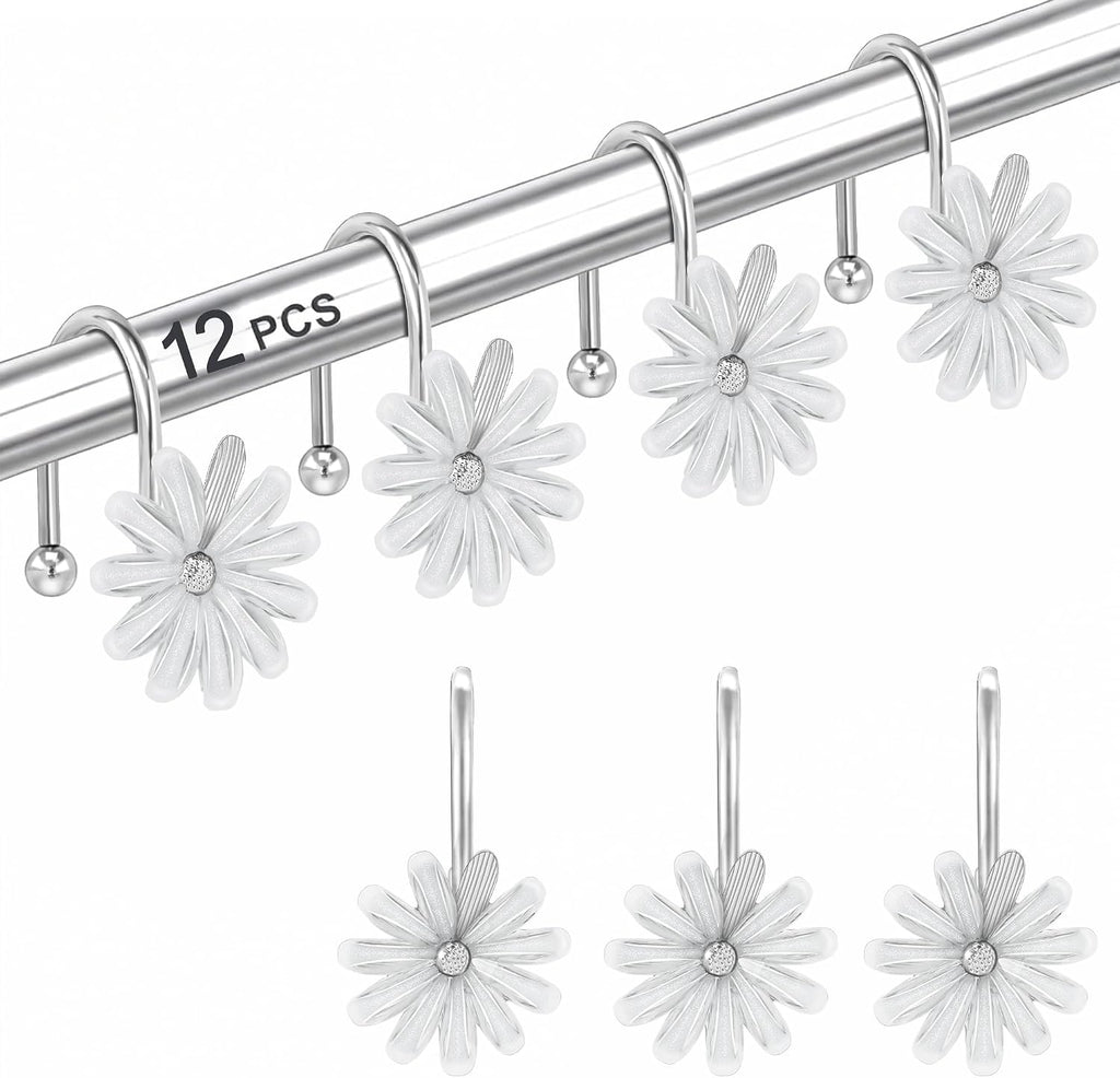 Shower Curtain Hooks, Rust Resistant Cute Daisy Metal Decorative Shower Rings Hangers Set of 12 for Bathroom Curtains,Clothing, Towels (Silver White)
