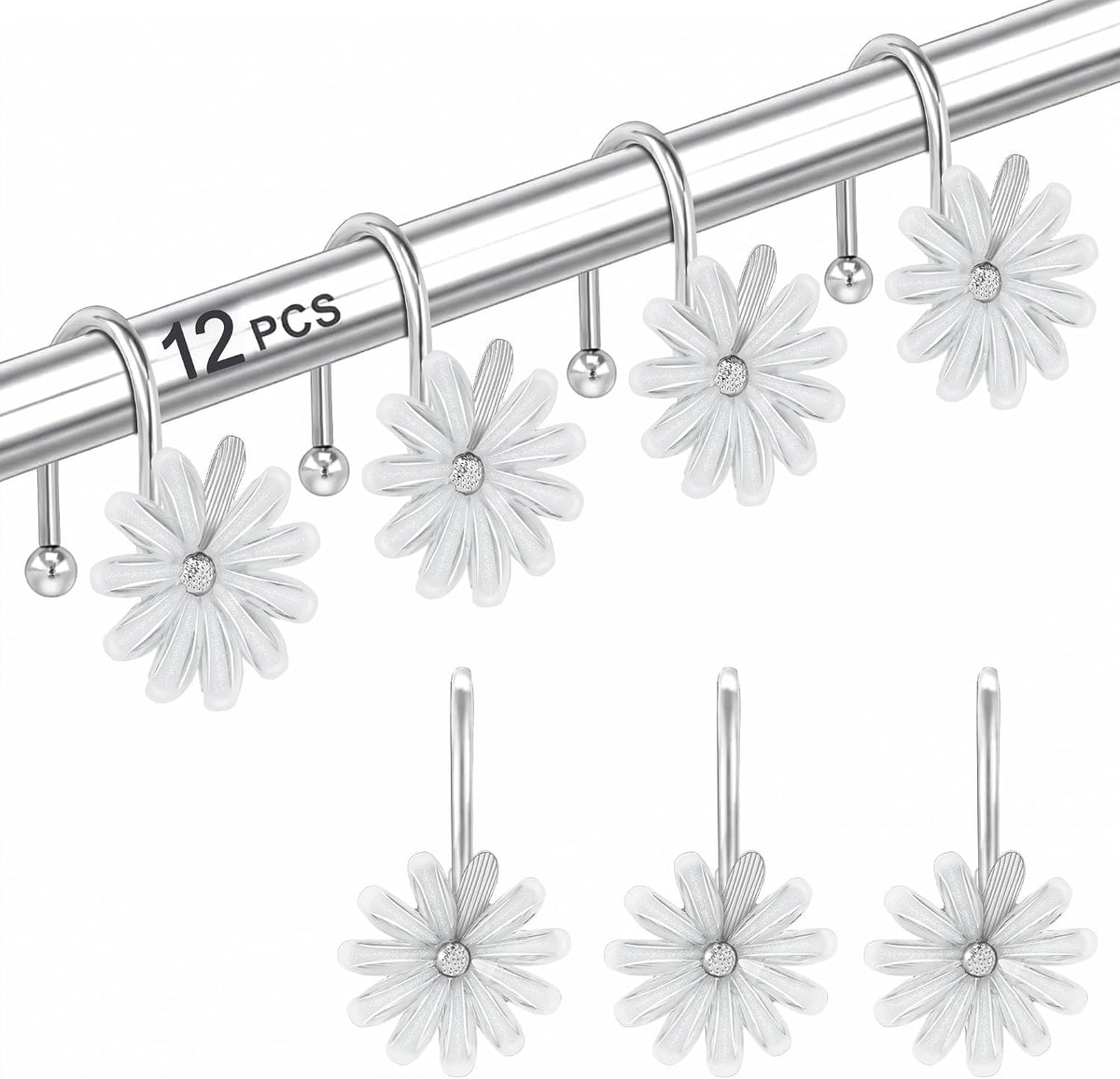 Shower Curtain Hooks, Rust Resistant Cute Daisy Metal Decorative Shower Rings Hangers Set of 12 for Bathroom Curtains,Clothing, Towels (Silver White)