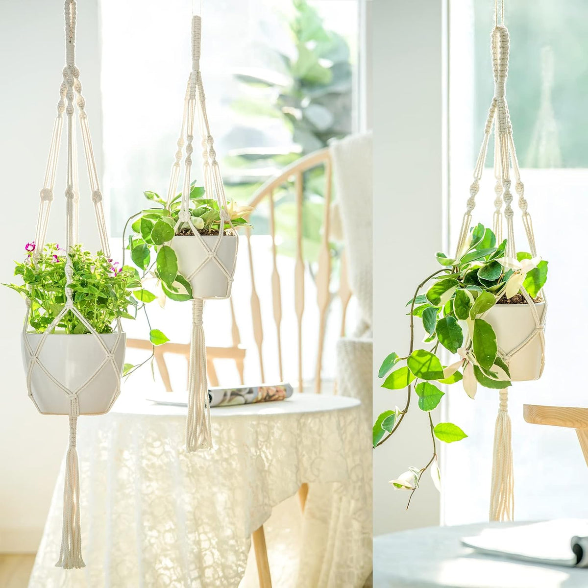Mkono 3 Pack Macrame Plant Hanger, Hanging Planters for Indoor Plants Ivory