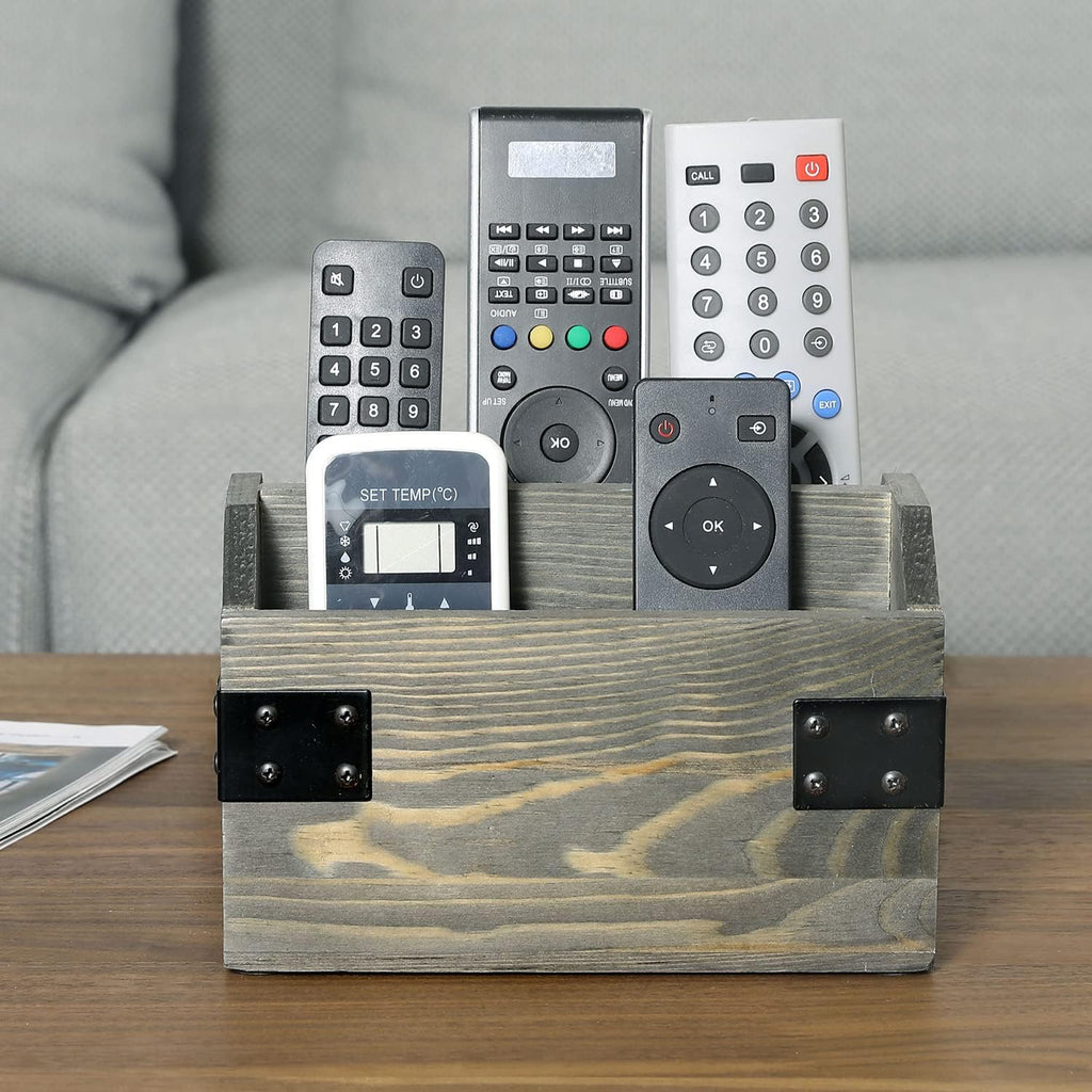 MyGift Remote Control Organizer Caddy, 2-Compartment Gray Wood & Metal