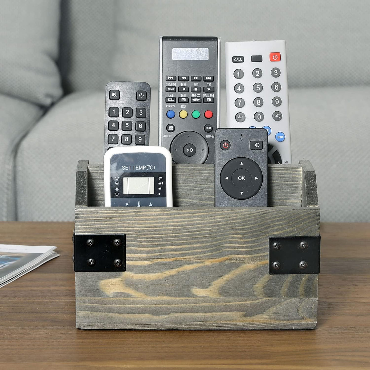 MyGift Remote Control Organizer Caddy, 2-Compartment Gray Wood & Metal