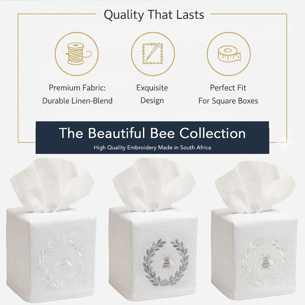 Jacaranda Living Square Tissue Box Cover, Linen/Cotton Fabric Tissue Holder, Decorative Cloth Tissue Cube Cover, Embroidered Bee Designs, Napoleon Bee Wreath (Beige)