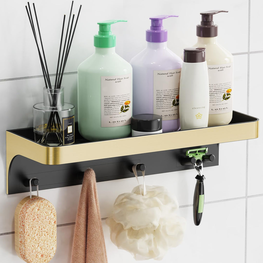 Shower Caddy Adhesive with 5 Hooks & Drainage, No-Drill, Gold