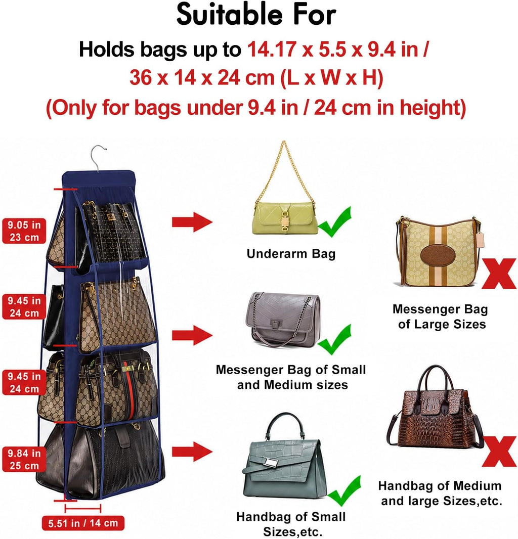 Lirex Handbag Hanging Purse Organizer for Closet, 8 Pocket Handbag Storage Organizer Hanger Oxford Cloth Closet Organizer for Family Closet Bedroom, Foldable and Universal Fit, Navy Blue