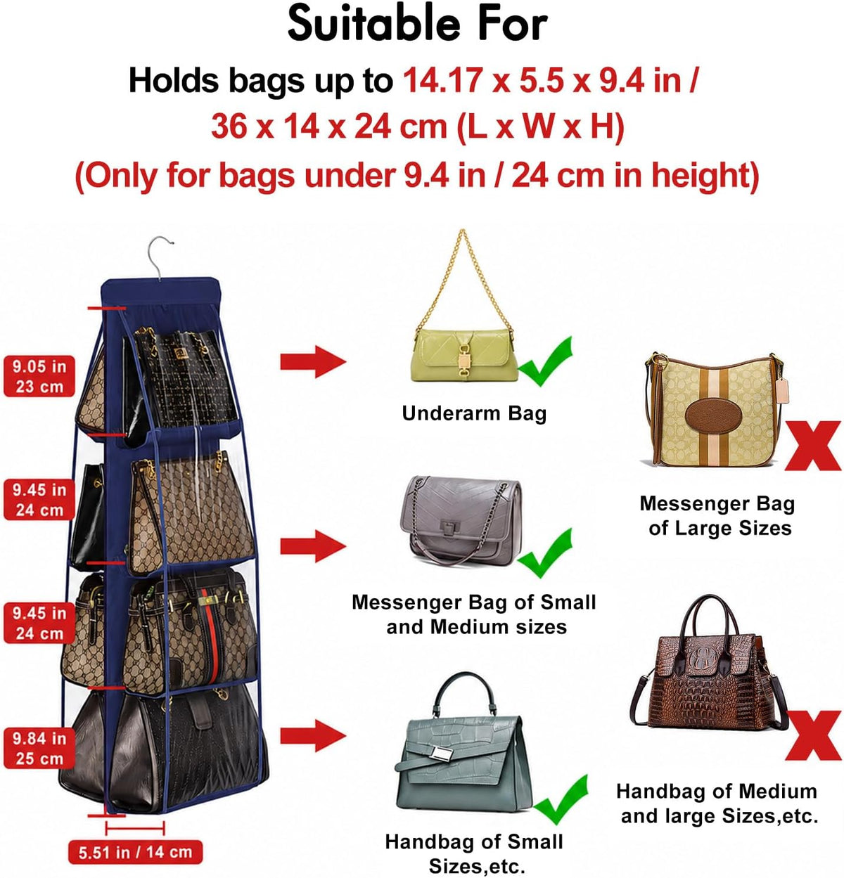 Lirex Handbag Hanging Purse Organizer for Closet, 8 Pocket Handbag Storage Organizer Hanger Oxford Cloth Closet Organizer for Family Closet Bedroom, Foldable and Universal Fit, Navy Blue