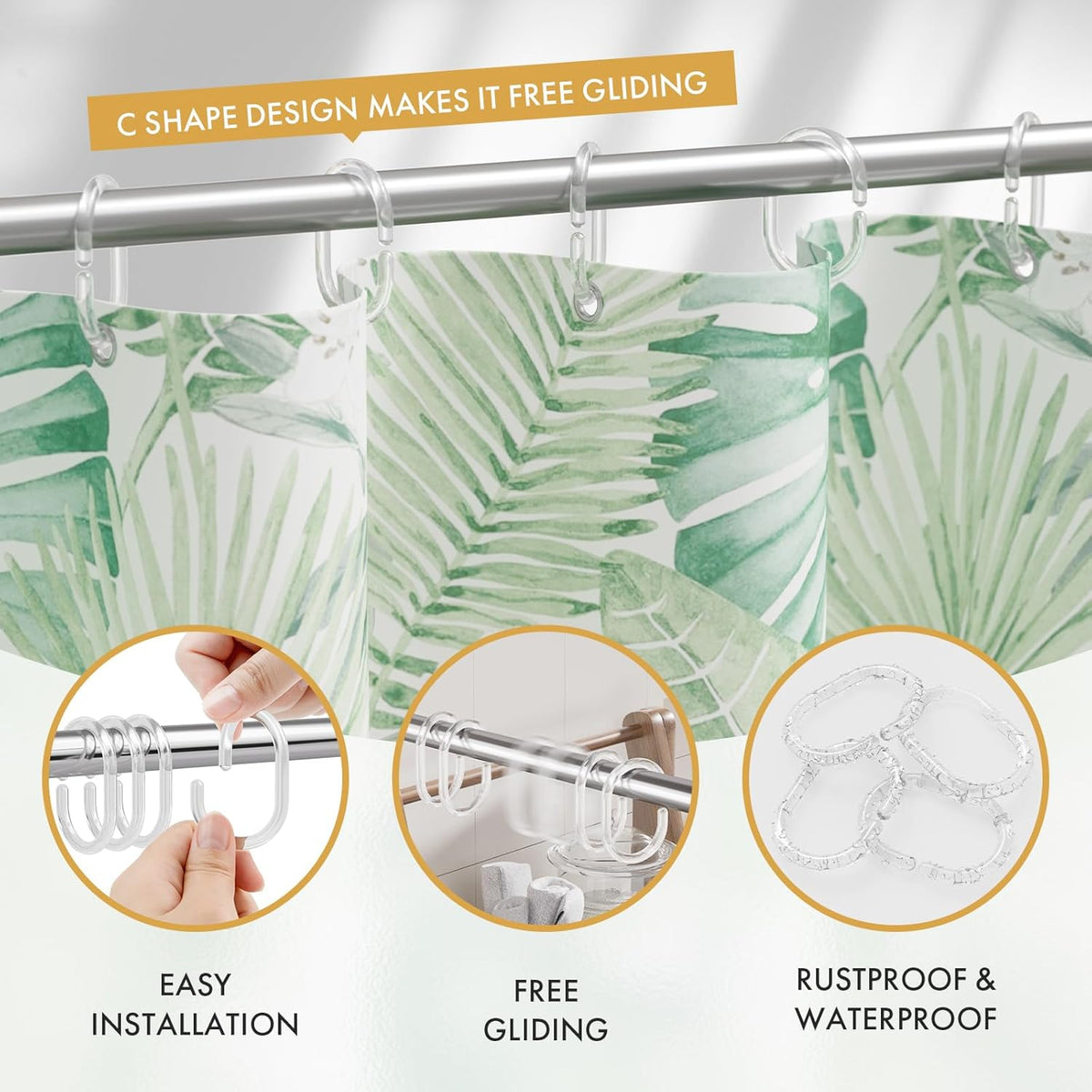 Amazer 24 Pack Clear Plastic Shower Curtain Rings and Hooks - C Shaped for Bathroom Shower Curtains