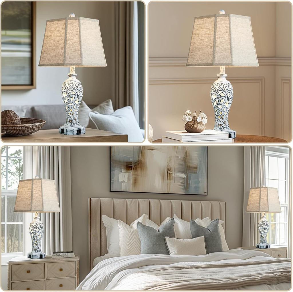 25'' Farmhouse Table Lamps Set of 2 for Living Room with USB C+A