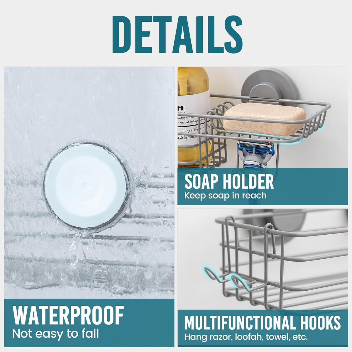 TAILI Shower Caddy Suction Cup, 2 Pack Bathroom Organize with Hooks, Grey