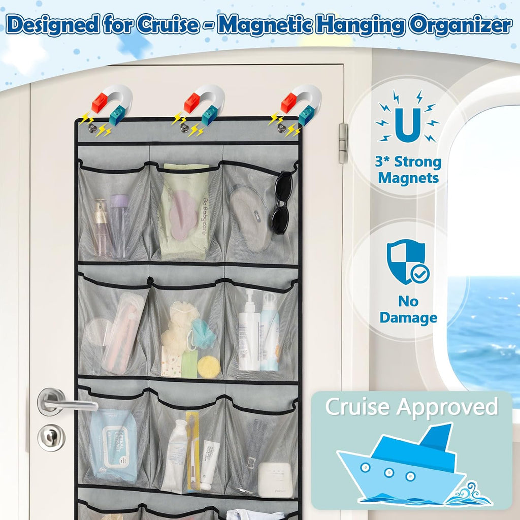 Over The Door Cruise Ship Organizer with 15 Size-Graded Pockets Grey