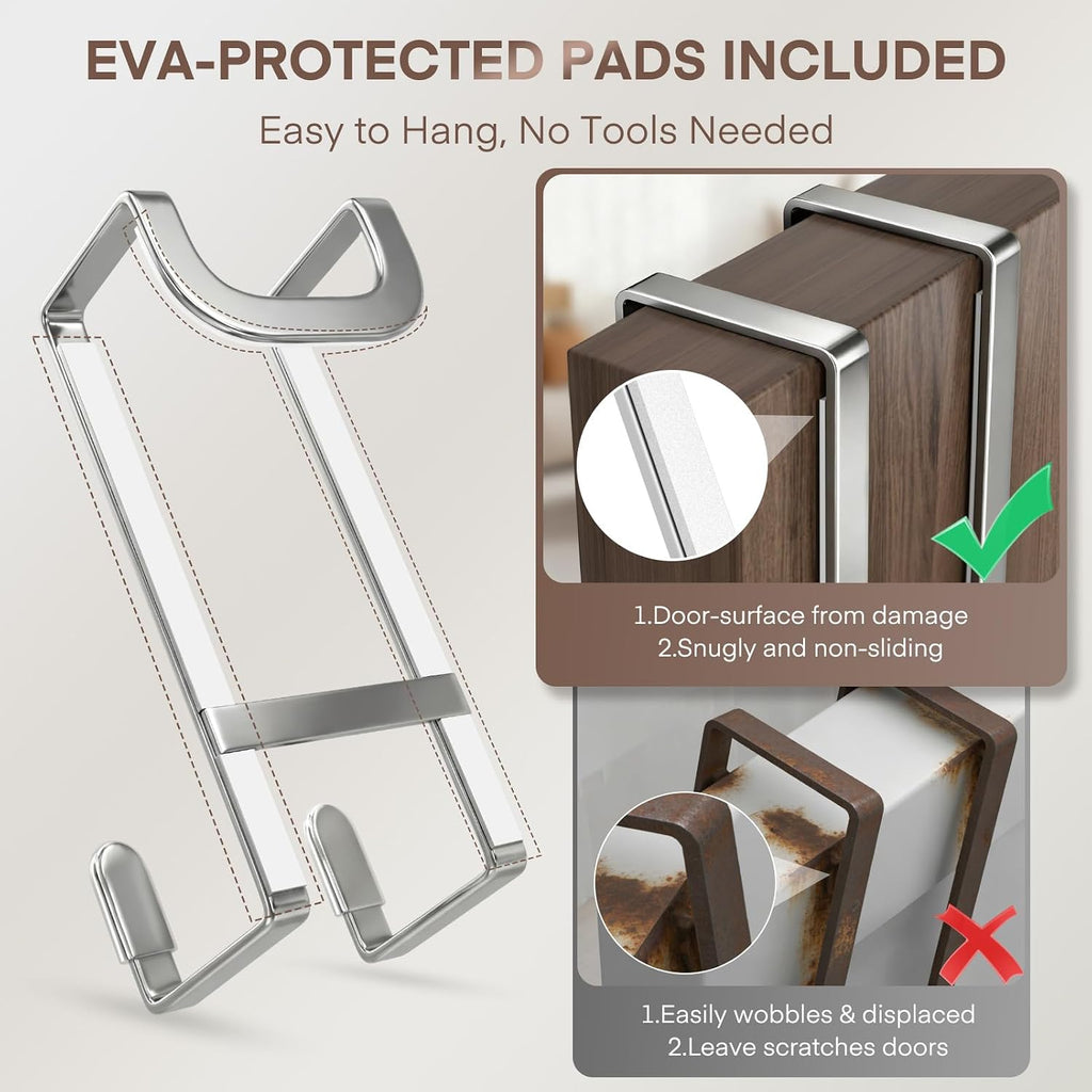 FYY 2 Packs Over The Door Hooks, Heavy Duty Door Hanger Hook, No Drill Wall Hooks for Hanging Coat, Towel, Bag in Bathroom, Closet Fits Most Doors Up to 1-7/8" Thickness （Silver）
