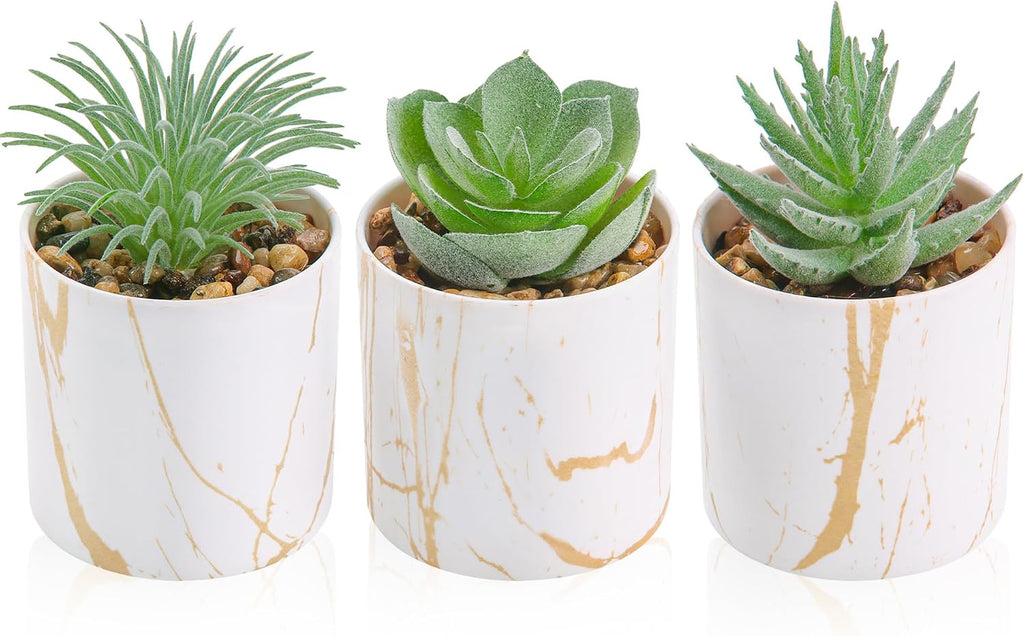 Der Rose 3 Pack Fake Succulent Plants in Gold Accent Pots for Desk Decor