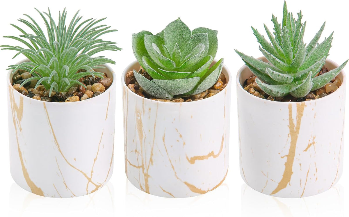 Der Rose 3 Pack Fake Succulent Plants in Gold Accent Pots for Desk Decor