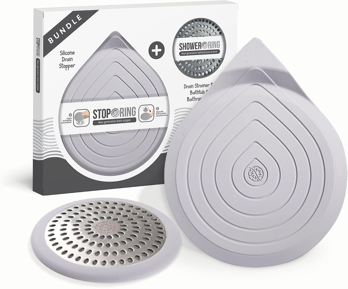 Drain Hair Catcher & Stopper Combo – Tub ShowerRing + StopRing Set for Bathtub & Sink | Stainless Steel Strainer + Silicone Drain Plug | Clog-Free, Universal Fit (Gray, 2 Pack)