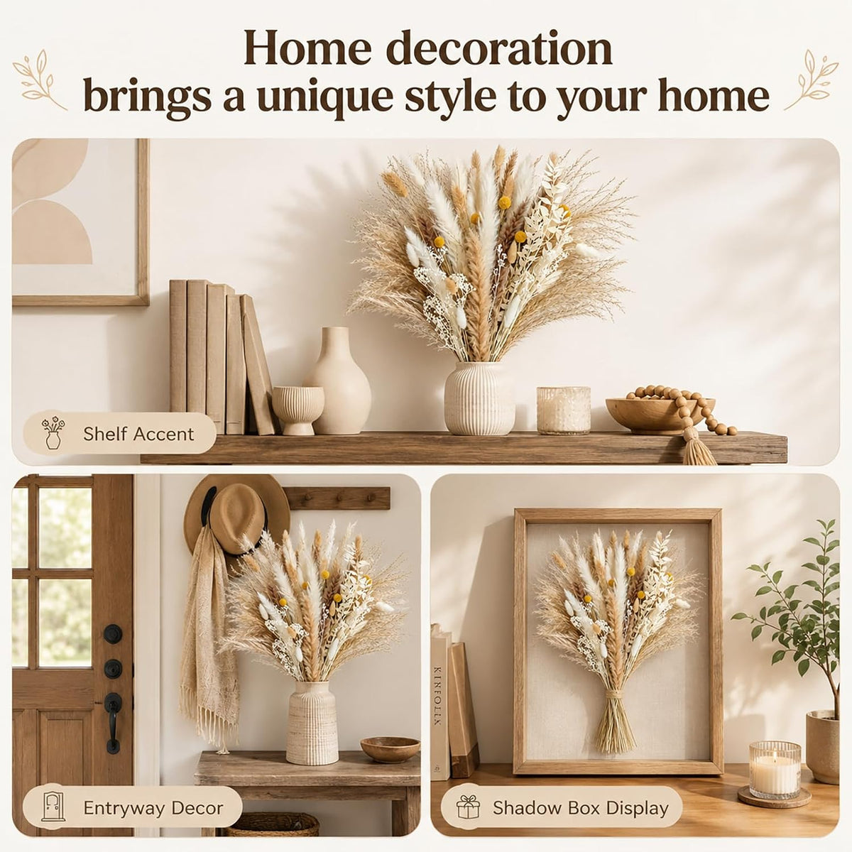 Dried Pampas Grass Bouquet, Phragmites Dried Flowers, Boho Rustic Floral Arrangement for Vase, Wedding Party Table Centerpiece, Farmhouse Modern Home Decor for Living Room Bedroom Office