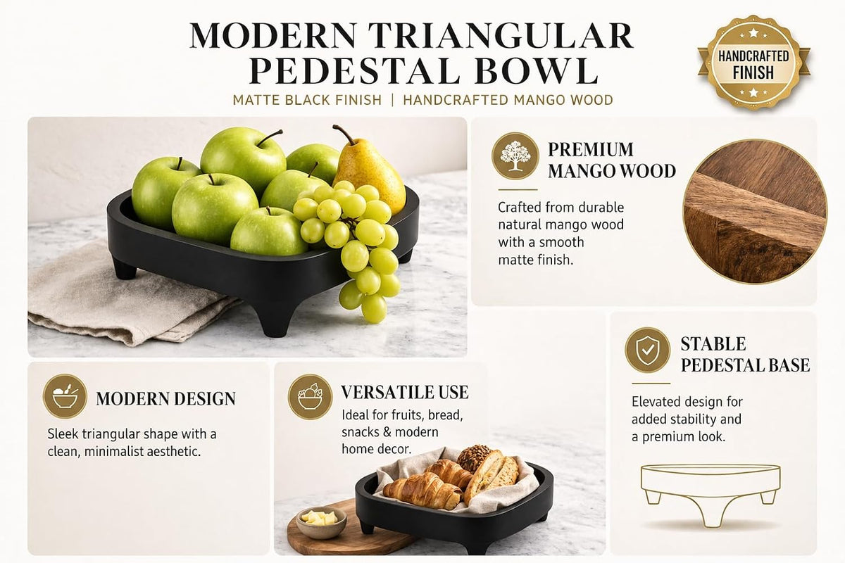 NIDOVA Mango wood pedestal fruit bowl, 13" each side, 3" high Large Fruit bowl for kitchen counter |Black Wooden bowl for entryway table or dining table centerpiece décor |Use as keybowl or for candy