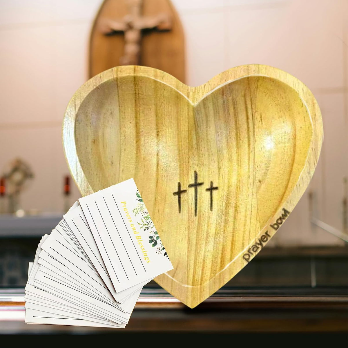 Heart Prayer Bowl with Cross,Prayer Bowll with Cards, Heart Prayer Bowl Wooden,With 24 Cards,Enhance Home Decor or Room Ambiance For Christian Congregation Gifts (A)