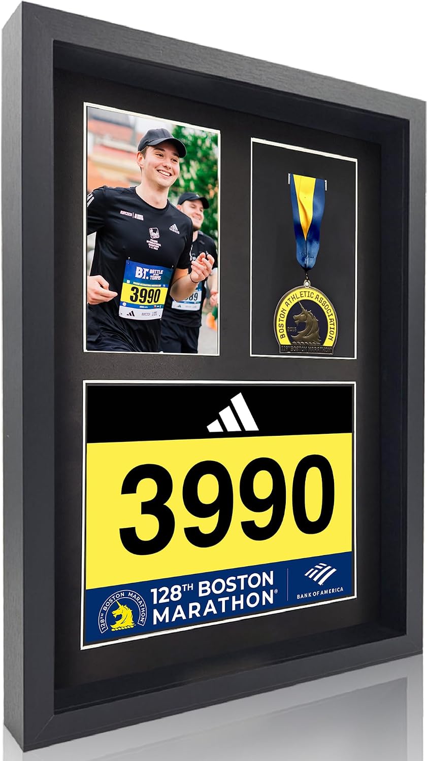 MedalAwardsRack 3 in 1 Shadow Box Display (Medal, Race Bibs, and Photo Display) – Marathon Medal Display, Marathon Medal Frame, Triathlon and Running Bib Holder.