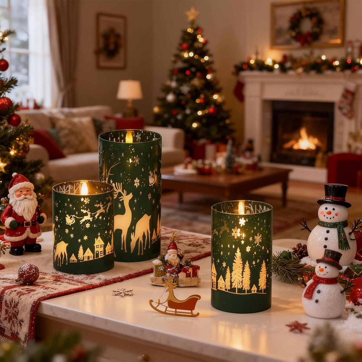 Green Christmas Flameless Candles Battery Operated Remote Timer
