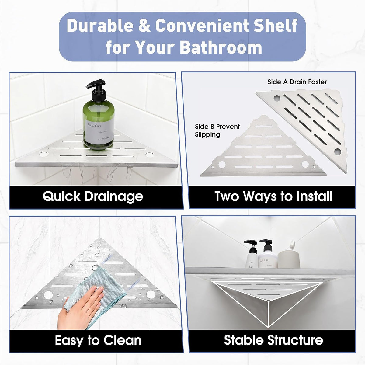 Shower Corner Shelf, 10'' Corner Shower Shelf with Towel Bar & Hooks, 2-Pack 304 Stainless Steel Recessed Bathroom Shelves, Grout in Bathroom Shower Shelf for Tiled Wall,(Brushed Nickel)