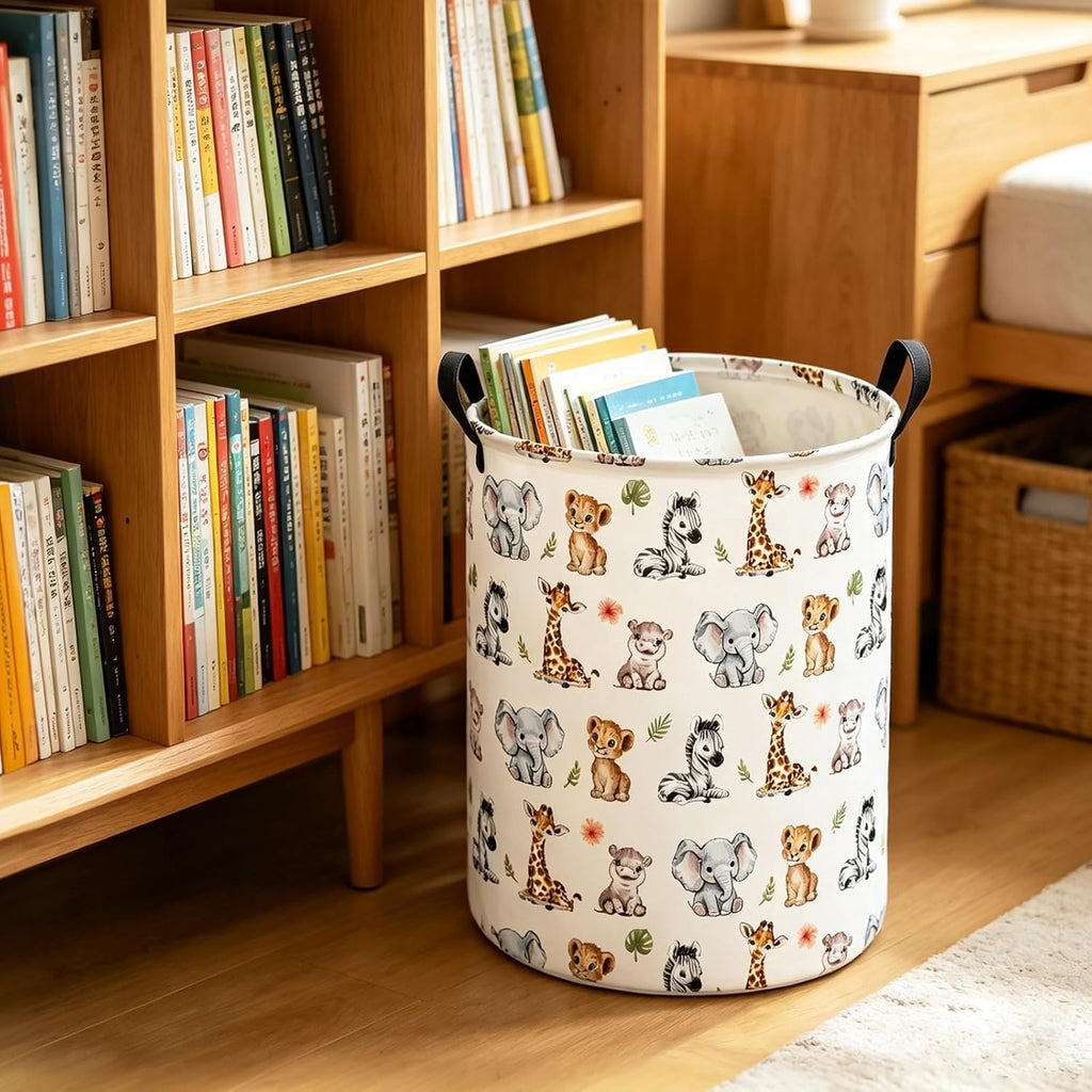 Round Collapsible Laundry Hamper with Handles, Jungle Animal Print