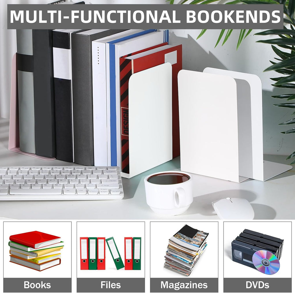 Beeveer 6 Pairs Metal Bookends for Shelves Office Library, White