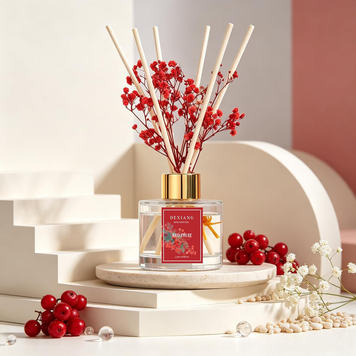 Reed Diffuser Set,3.38 fl oz (100 ml) Red Berries Oil Diffusers with 6 Reed Sticks for Bathroom Shelf Decor Home Fragrance Reed Diffuser