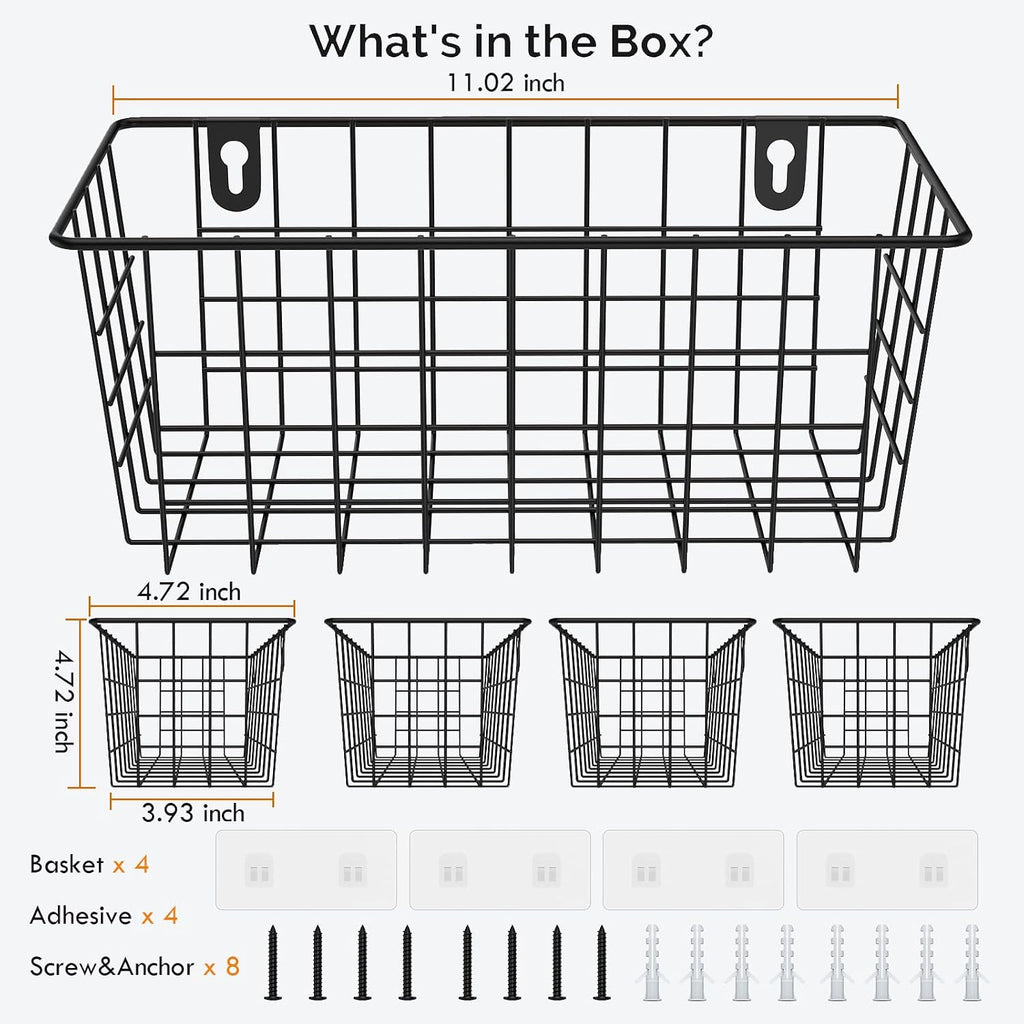 MaraFansie Hanging Kitchen Baskets Wire Storage Basket Adhesive and Screws Basket Over the Cabinet Door Organizer with Adhesive Strips and Screws Accessories, 2 Installations, 4 Pack, Black