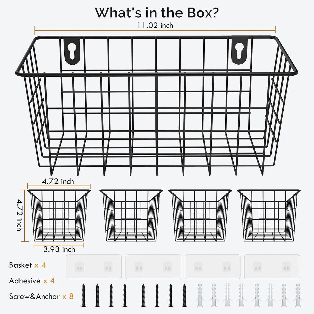 MaraFansie Hanging Kitchen Baskets Wire Storage Basket Adhesive and Screws Basket Over the Cabinet Door Organizer with Adhesive Strips and Screws Accessories, 2 Installations, 4 Pack, Black