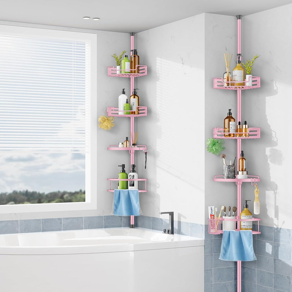HAMITOR Corner Shower Caddy, 4 Tier Adjustable Bathroom Organizer - Pink