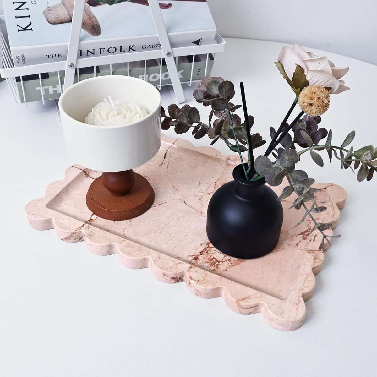 Yew & Tulip Natural Marble Vanity Tray with Scalloped Rim, Nature Rose Pink Luxury Stone Serving Tray for Bathroom, Kitchen, Vanity, Home Decor, Wedding etc. (12"x 8" x 0.6")