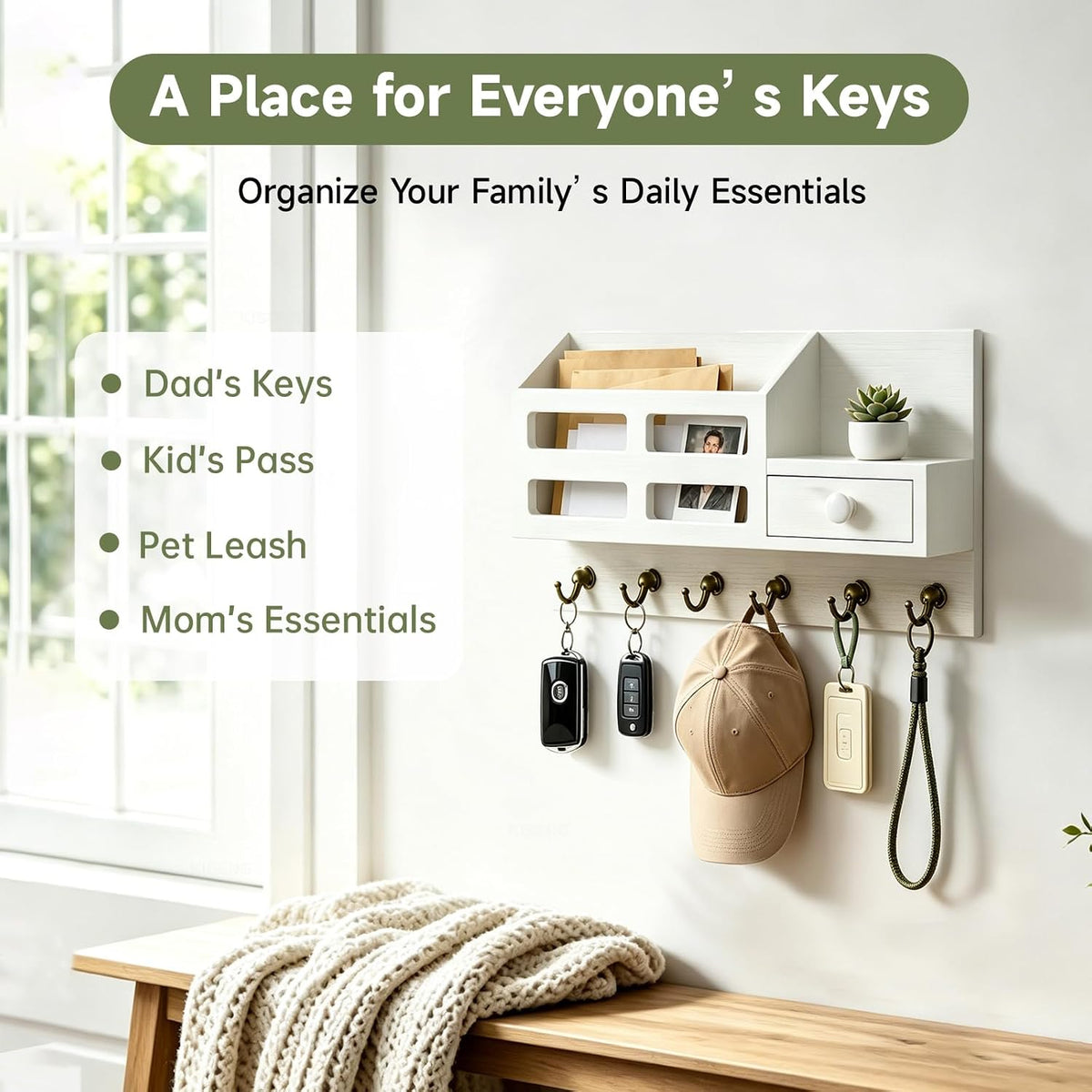 White Key and Mail Holder for Wall with 6 Hooks and Storage Drawer Drawer & Mail Storage Compartment, 2 Installation Options, Space‑Saving for Entryway, Hallway & Mudroom