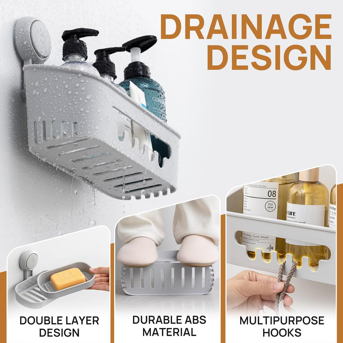 LEVERLOC Shower Caddy Suction Cup Set Shower Organizer & Soap Holder, Grey