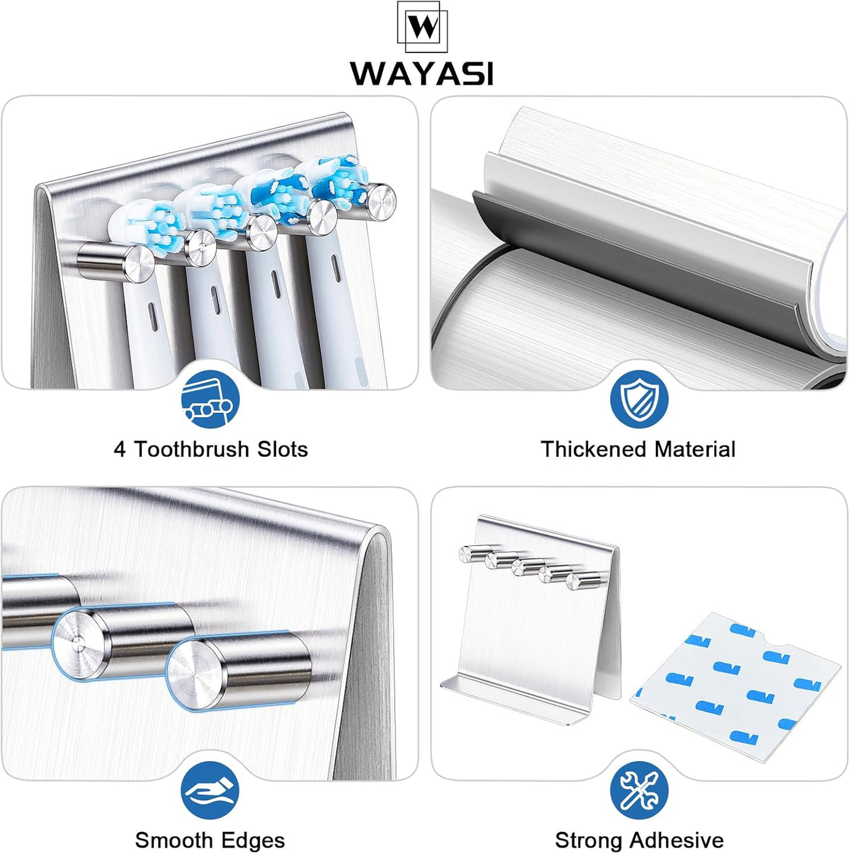Electric Toothbrush Head Holder, Self Adhesive or Desktop Tooth Brushing Holder, Wall Mounted Toothbrush Holders Shower Bathroom, Tooth Brush Holder Organiser (Silver, Medium)