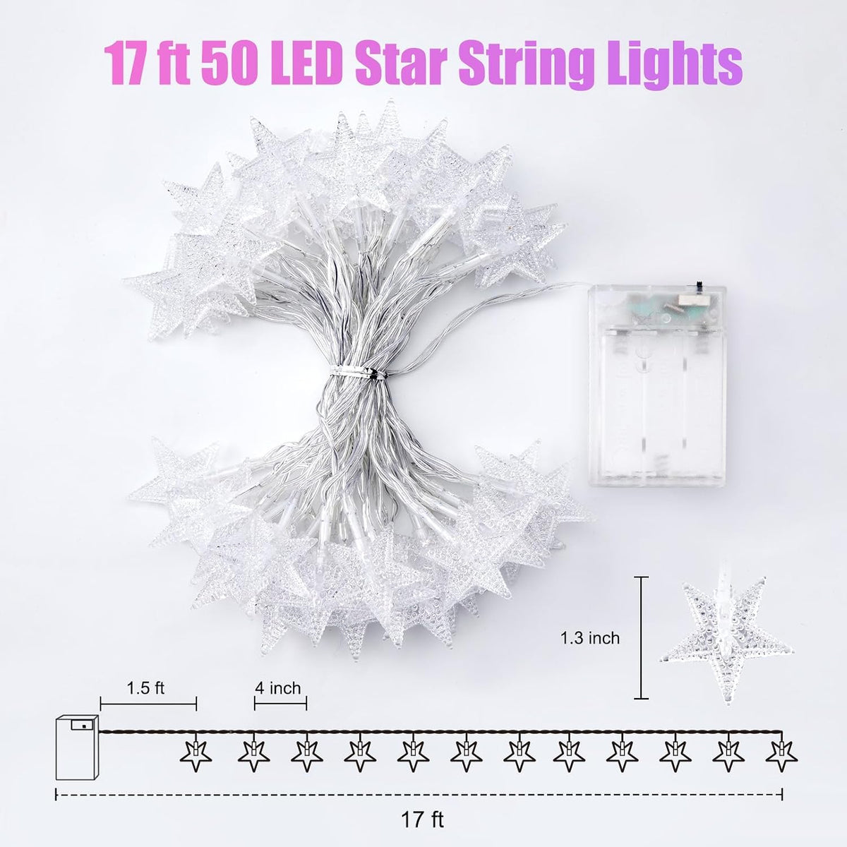 Minetom Star String Lights Battery Operated - 17 ft 50 LED Star Fairy String Lights with Timer, Waterproof for Indoor Bedroom Tent Loft Bed Patio Party Wedding Decor, Multi-Color