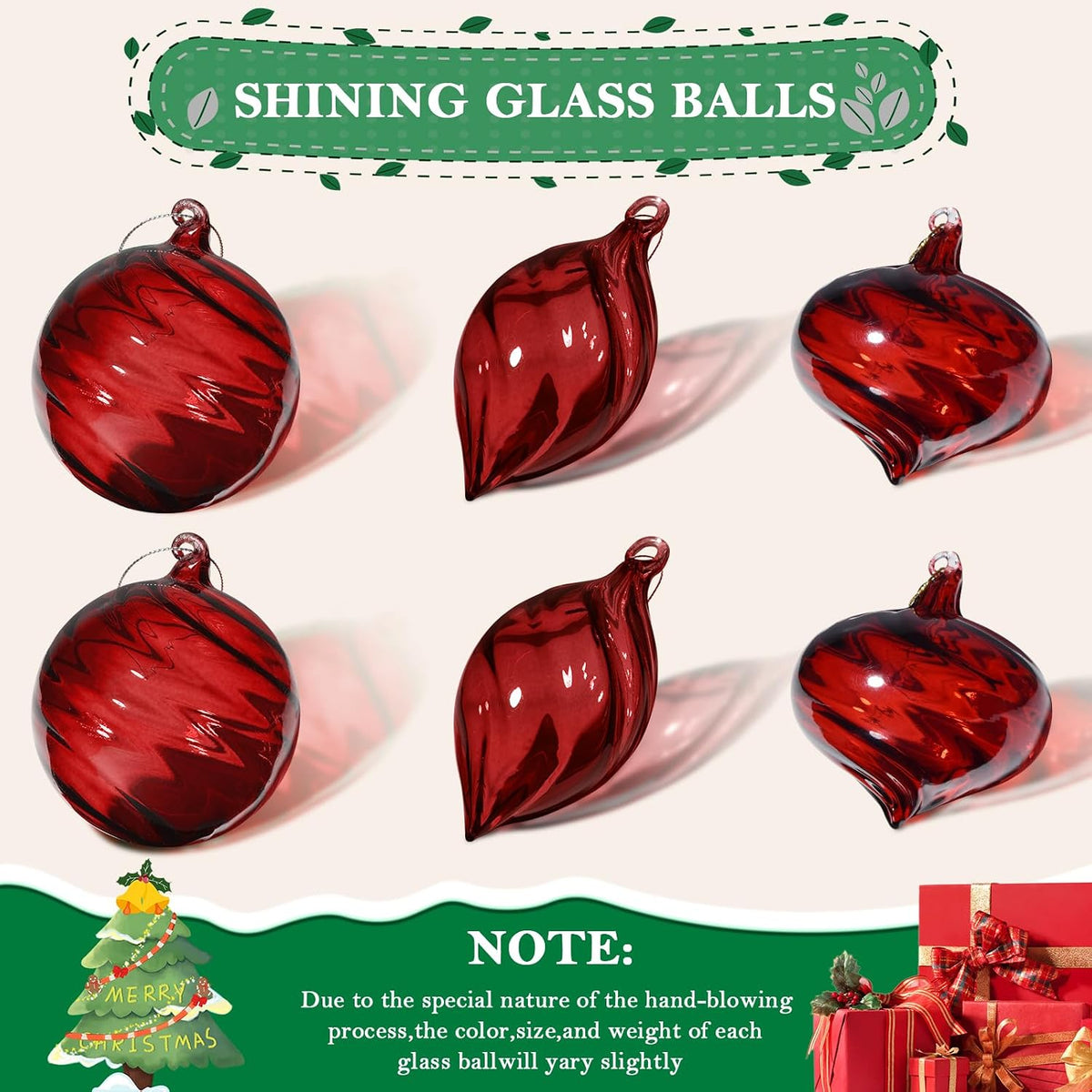 6 PCS Glass Christmas Ball Ornaments, Hand Blown Ornaments Hanging Balls,Glass Xmas Tree Home Wedding Birthday Party Holiday Decorative Set (Red)