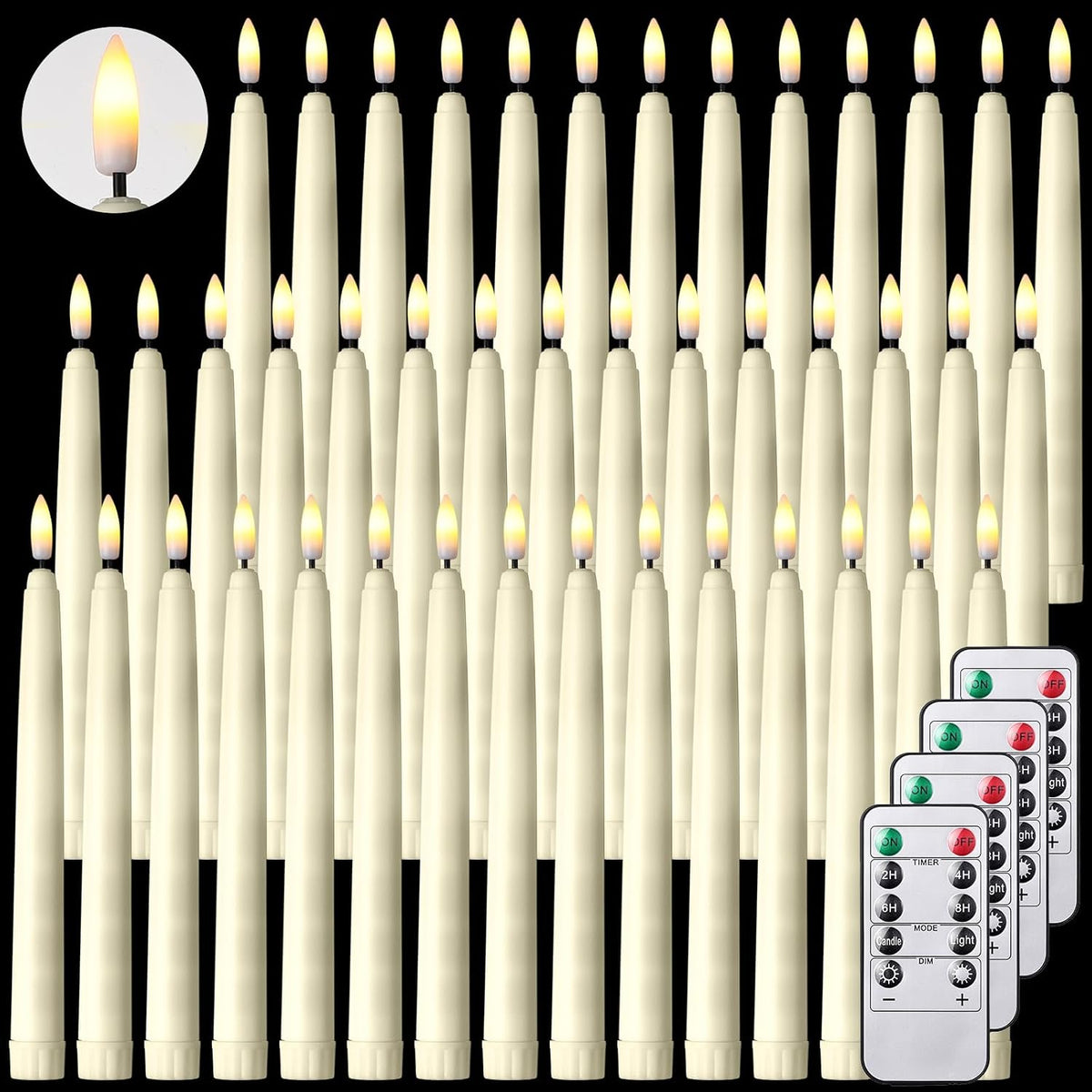 Reginary 48 Pcs Flameless Taper Candles with 4 Remote,Ivory,8.46 Inches