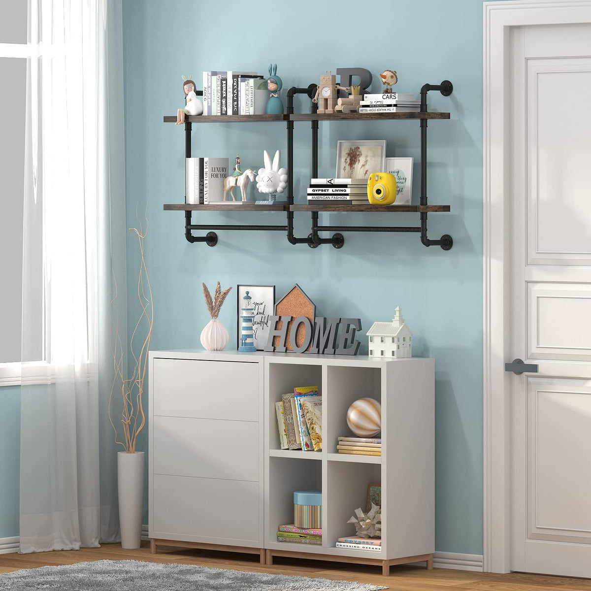 Helsin 24inch Industrial Pipe Shelving Bathroom Shelves Wall Mounted with Towel bar, 2 Tier Rustic Wood Floating Shelf, Metal Towel Rack Wall Shelf for Home & Bathroom (Brown, 24inch)