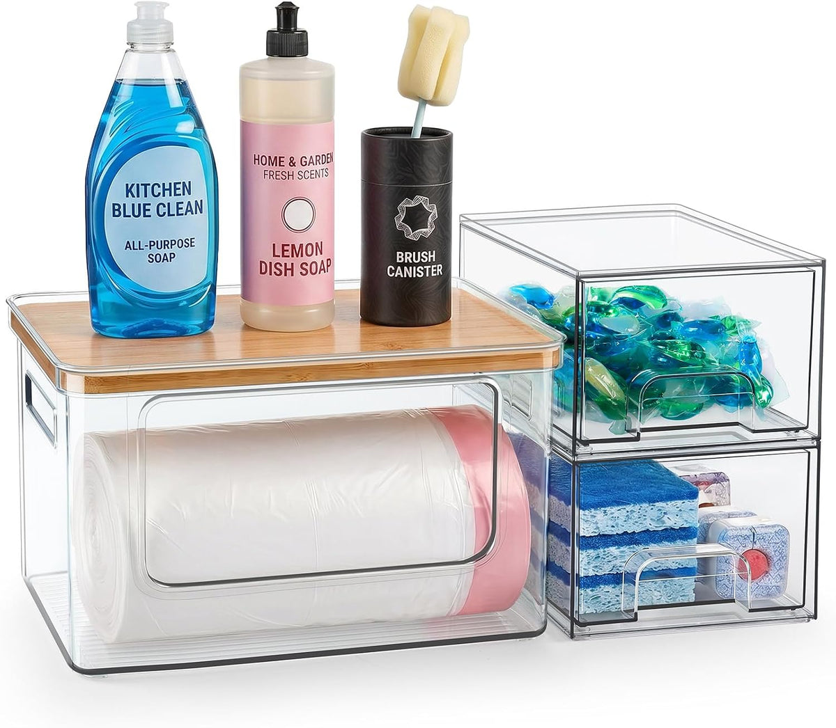 Hudgan Under Sink Organizer 3 in 1, Stackable Acrylic Bathroom Storage, Trash Bag Dispenser and Dishwasher Pods Holder for Kitchen and Laundry Room Organization