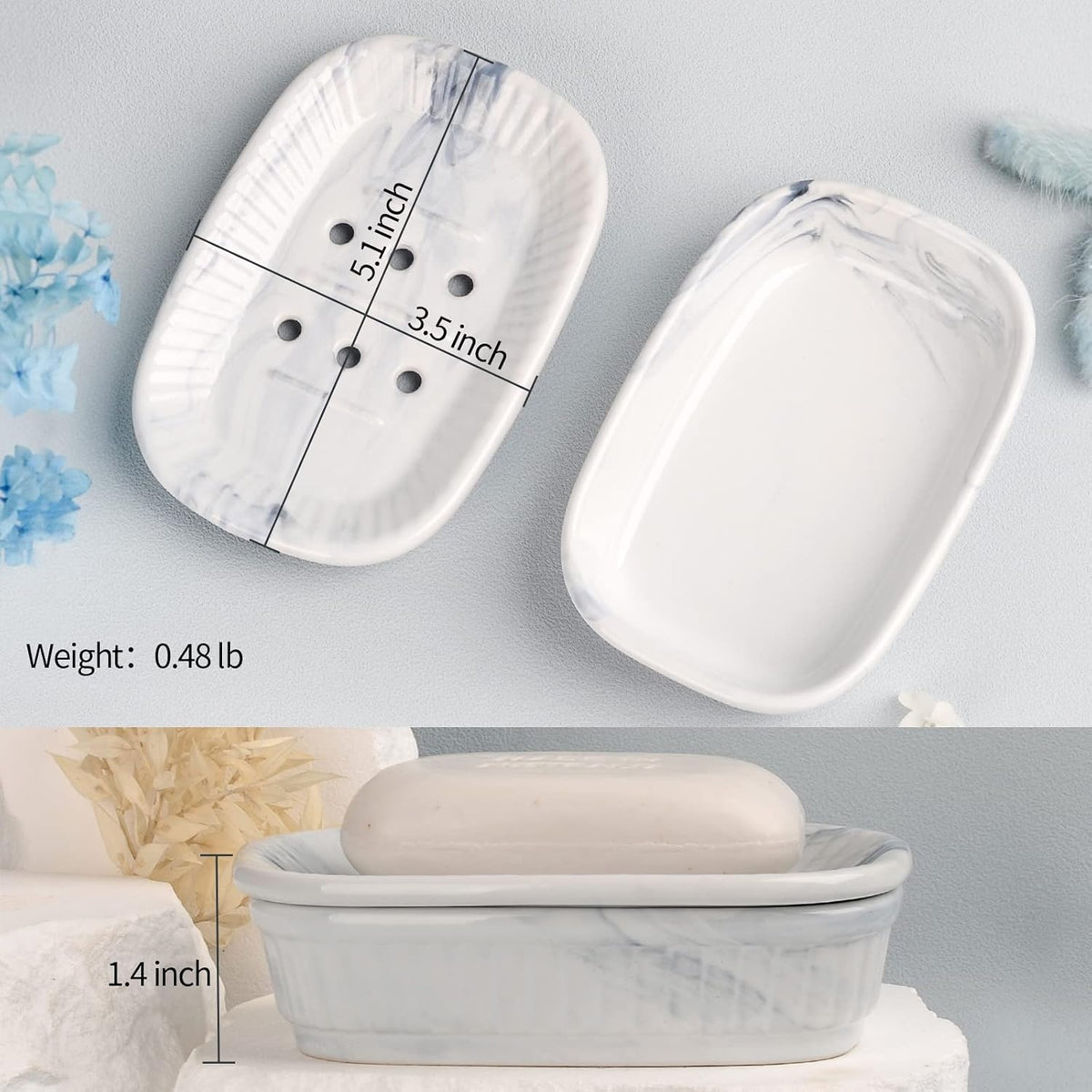 ANTIS'S HOME Marble Blue Double Layer Ceramic Self Draining Soap Dish Bathroom