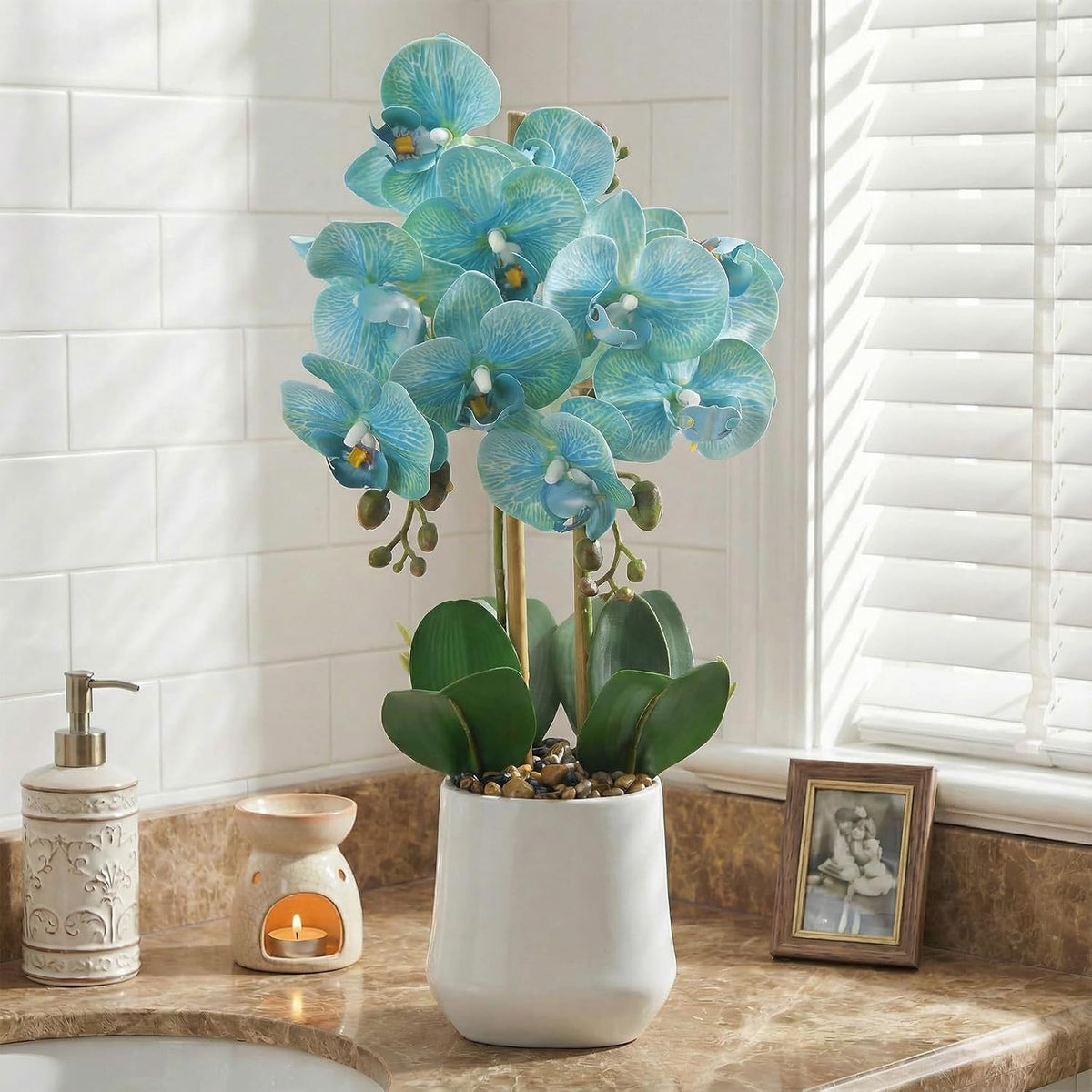 18.5" Teal Blue Faux Orchid Flowers Arrangement in Matte White Pot