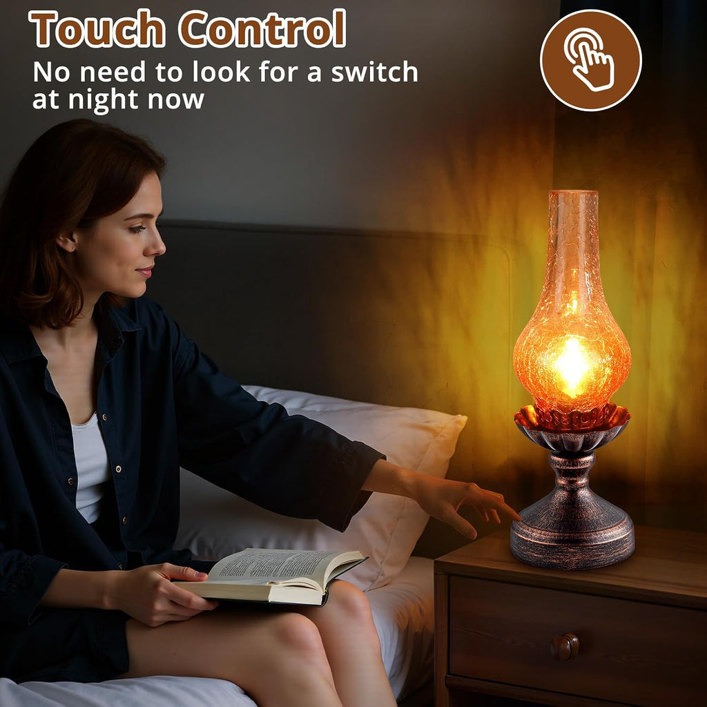 Vintage Table Lamp with Amber Gradient Crackle Glass Shade,Touch Control & 3-Way Dimmable Rustic Retro Farmhouse Bedside Lamp for Bedroom, Living Room, Cabin, Office (2700K LED Candle Bulb Included)