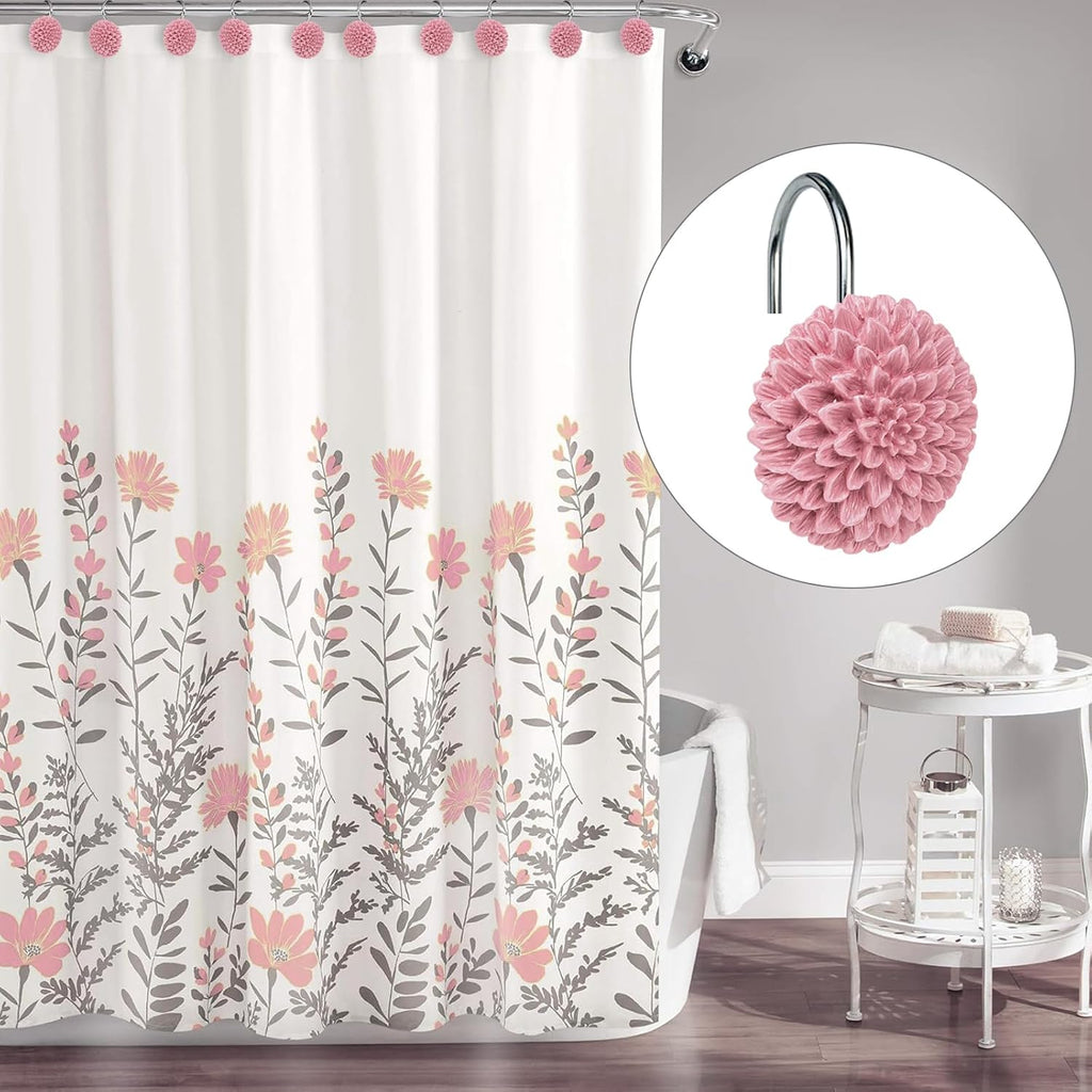 Sunlit Decorative Floral Shower Curtain Hooks, Dahlia Pinnata Flower Shower Curtain Rings, Resin, Bathroom Decoration Pink Shower Curtain Hooks-12 Pack