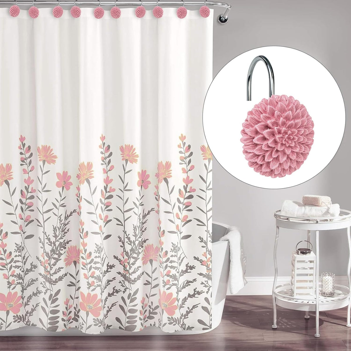 Sunlit Decorative Floral Shower Curtain Hooks, Dahlia Pinnata Flower Shower Curtain Rings, Resin, Bathroom Decoration Pink Shower Curtain Hooks-12 Pack