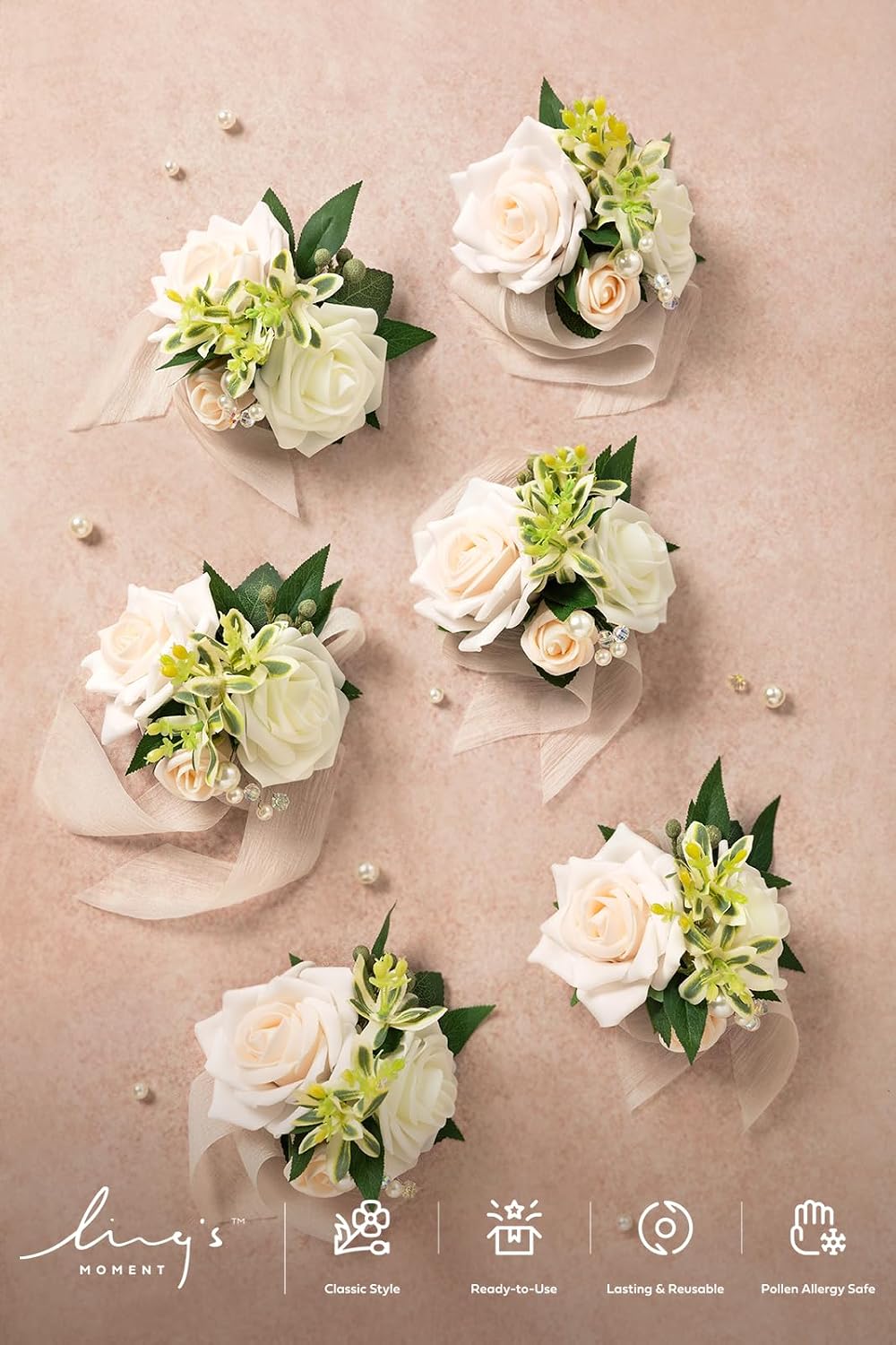 Ling's moment 6pcs Wedding Corsage Wristlet, White Ivory