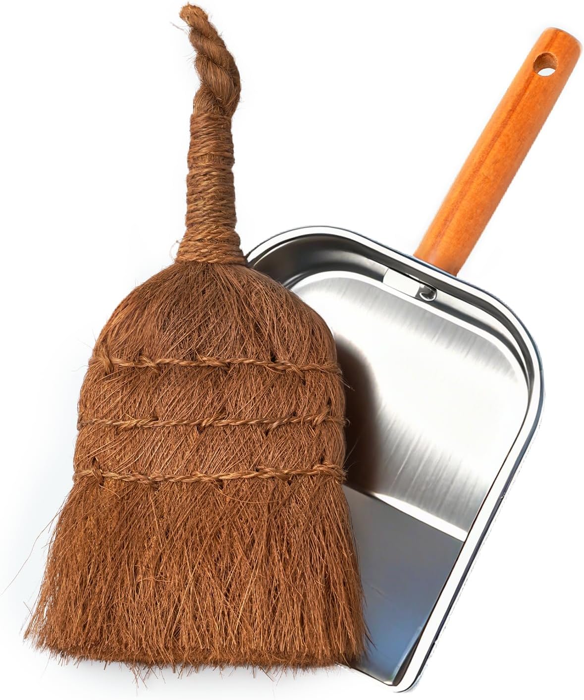 Mini Metal Dustpan and Brush Set, Dustpan and Natural Palm Fiber Hand Broom